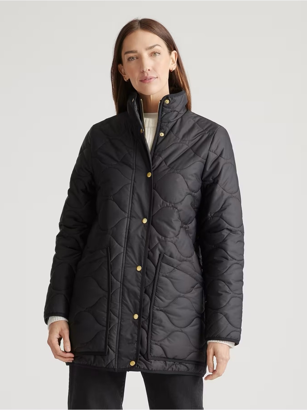 Quince Black Quilted Long Jacket with Gold Snap Details